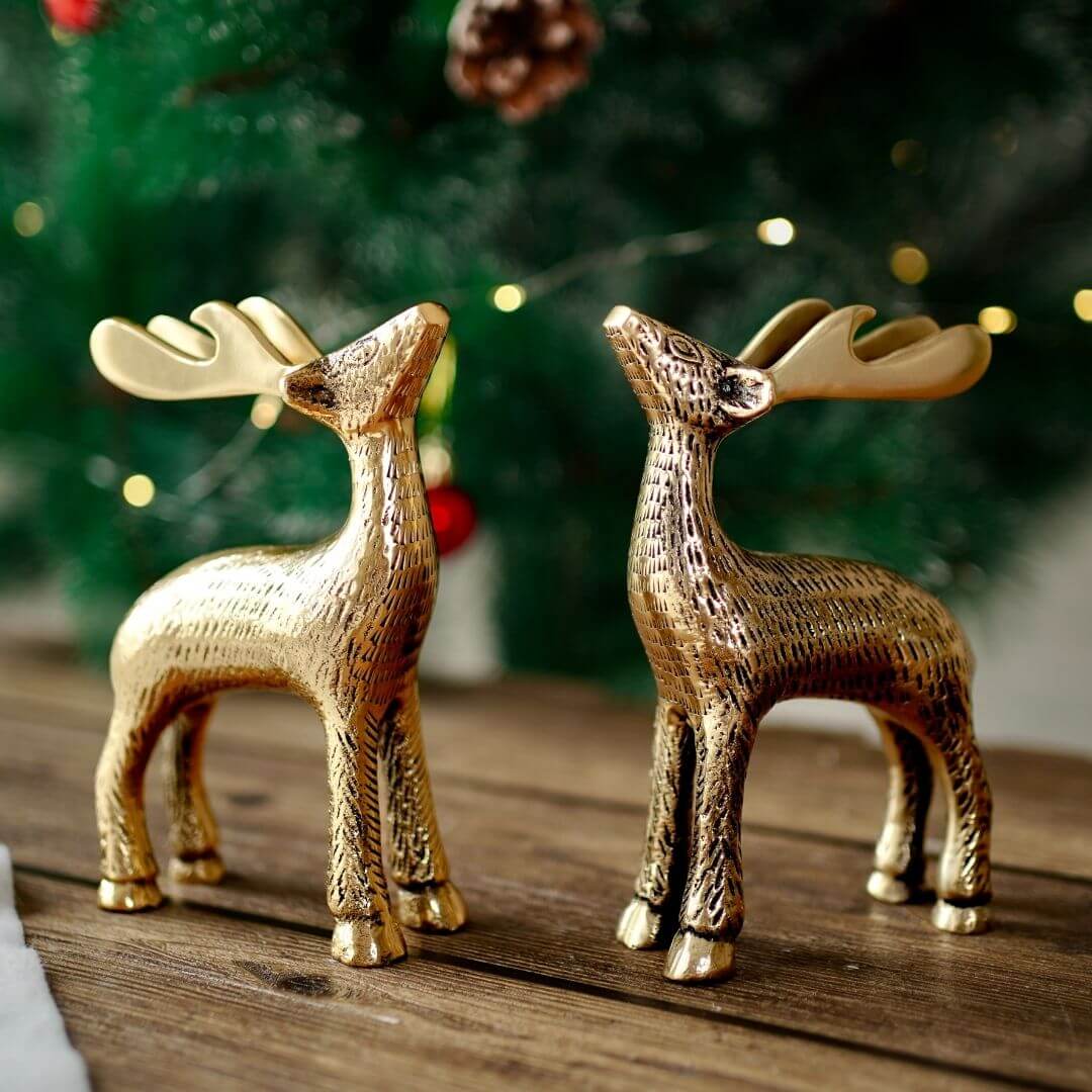 Christmas Reindeer showpiece, Gold, Metal - Set of 2 - Behoma