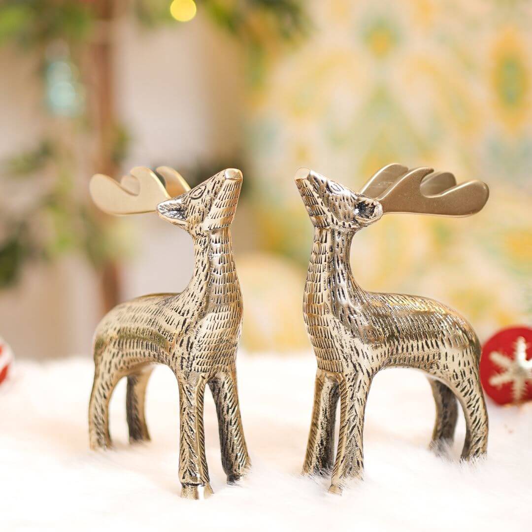 Christmas Reindeer showpiece, Gold, Metal - Set of 2 - Behoma