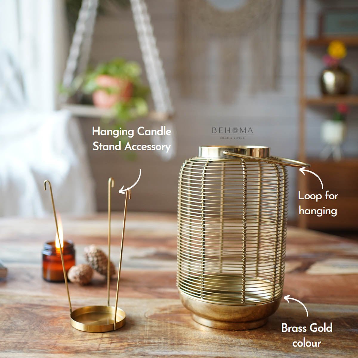 Classic Wire Metal Lantern, Gold - 10''X 6.2'' - Behoma