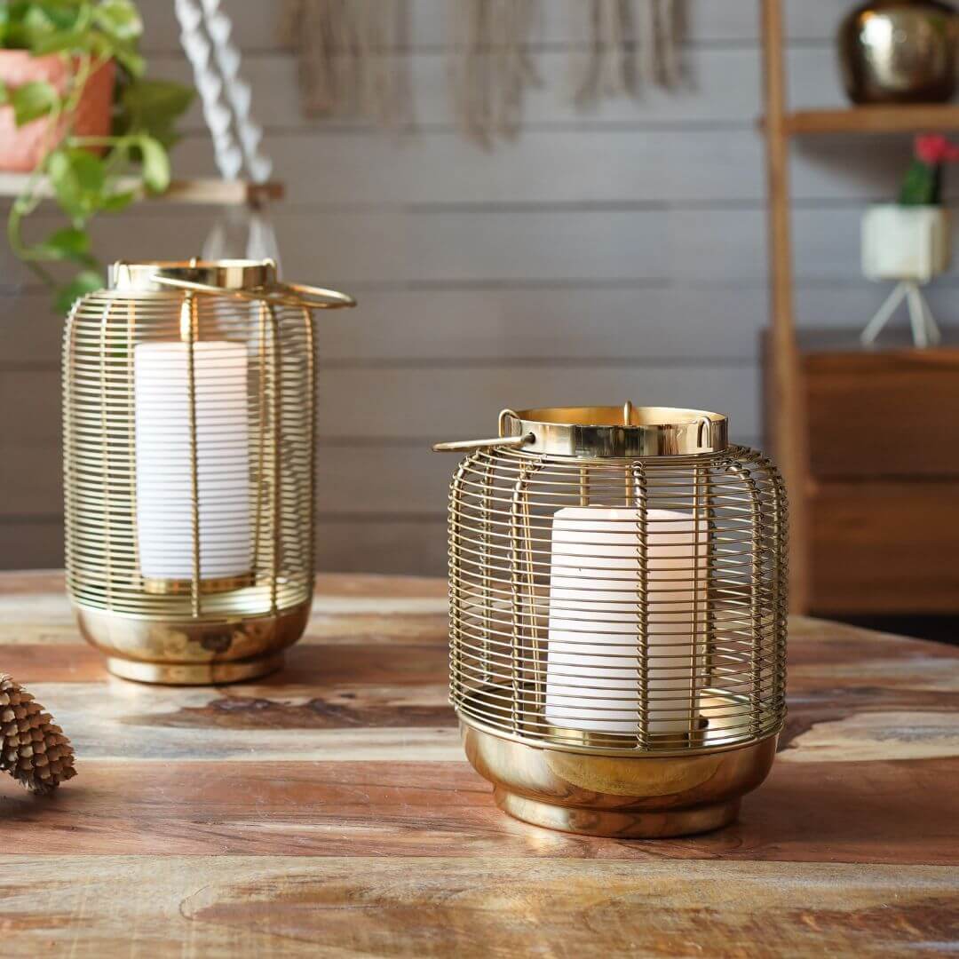 Classic Wire Metal Lantern, Gold - 10''X 6.2'' - Behoma