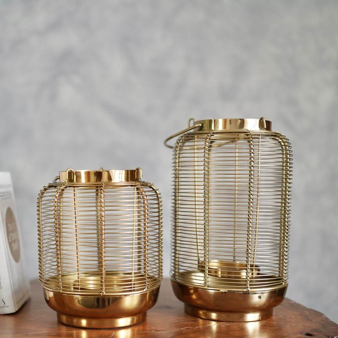 Classic Wire Metal Lantern, Gold - Set - 10'' & 7.6'' - Behoma