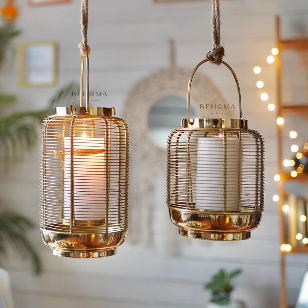 Classic Wire Metal Lantern, Gold - Set - 10'' & 7.6'' - Behoma