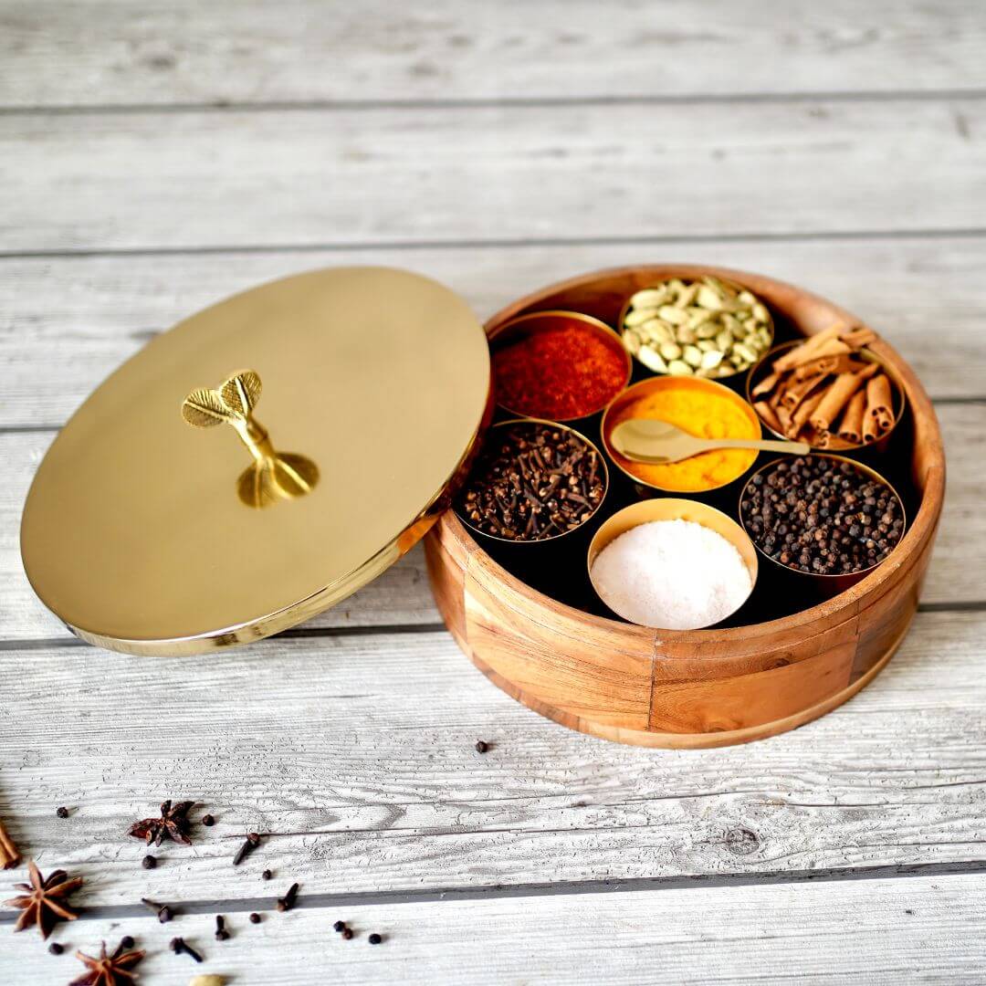 Classic Wood Masala Box - Gold - Behoma