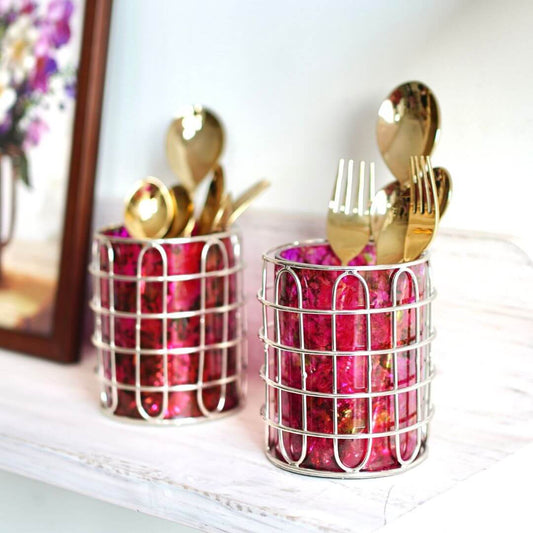 Elegant Steel and Glass Cutlery Holder, Pink - Set of 2 - Behoma