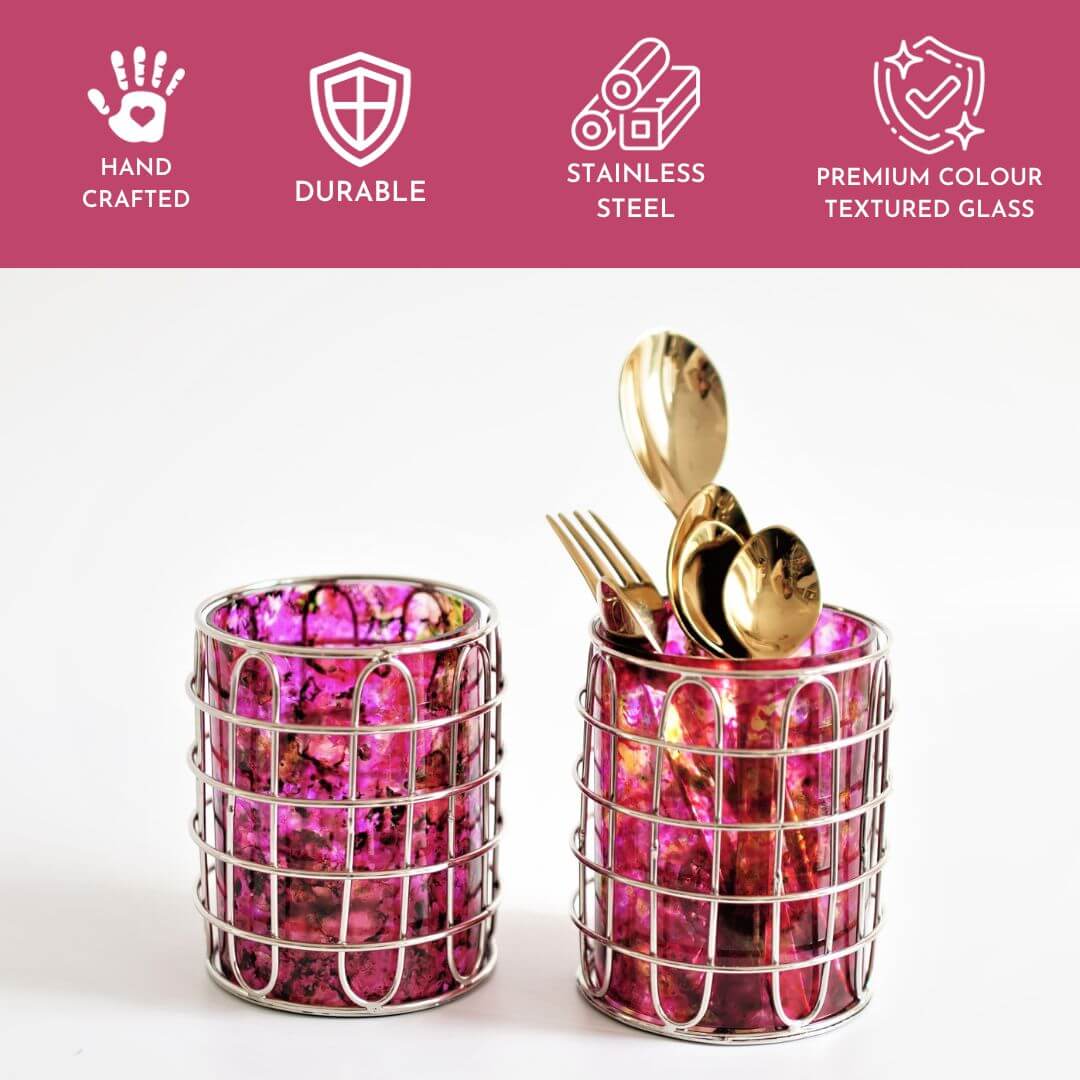 Elegant Steel and Glass Cutlery Holder, Pink - Set of 2 - Behoma