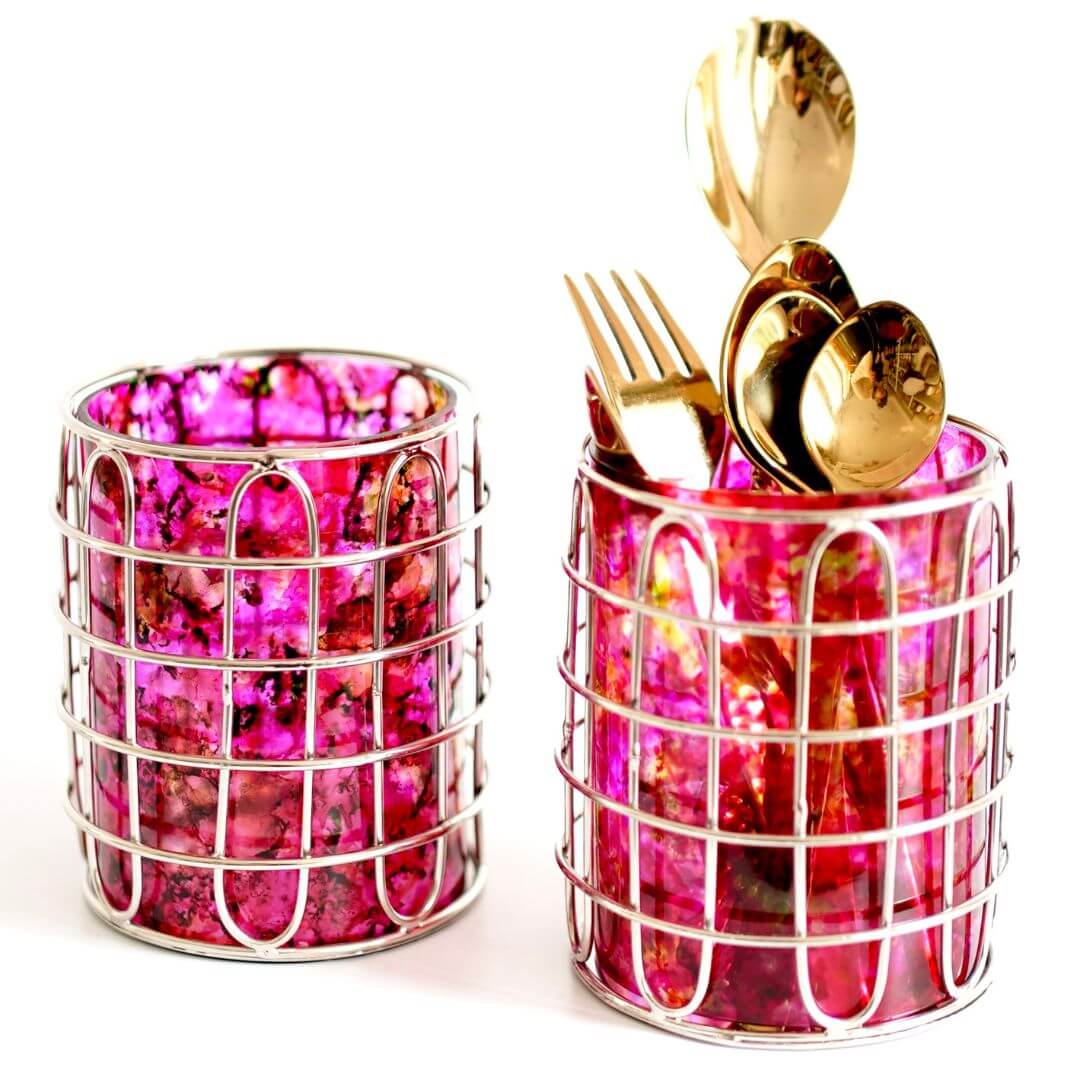 Elegant Steel and Glass Cutlery Holder, Pink - Set of 2 - Behoma