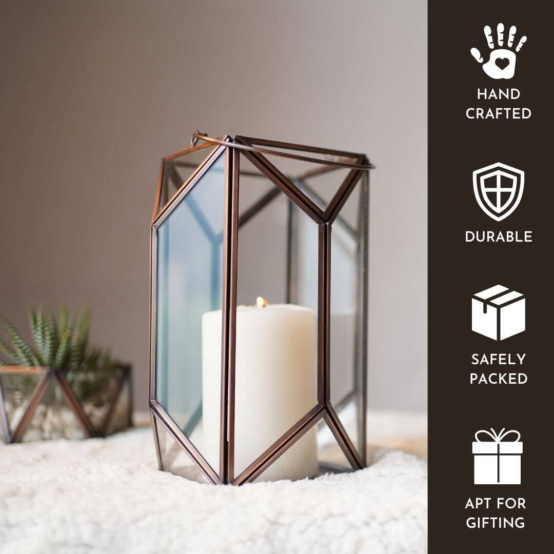 Geometric Lantern, Antique Copper - 6.10''X 6.6'' - Behoma