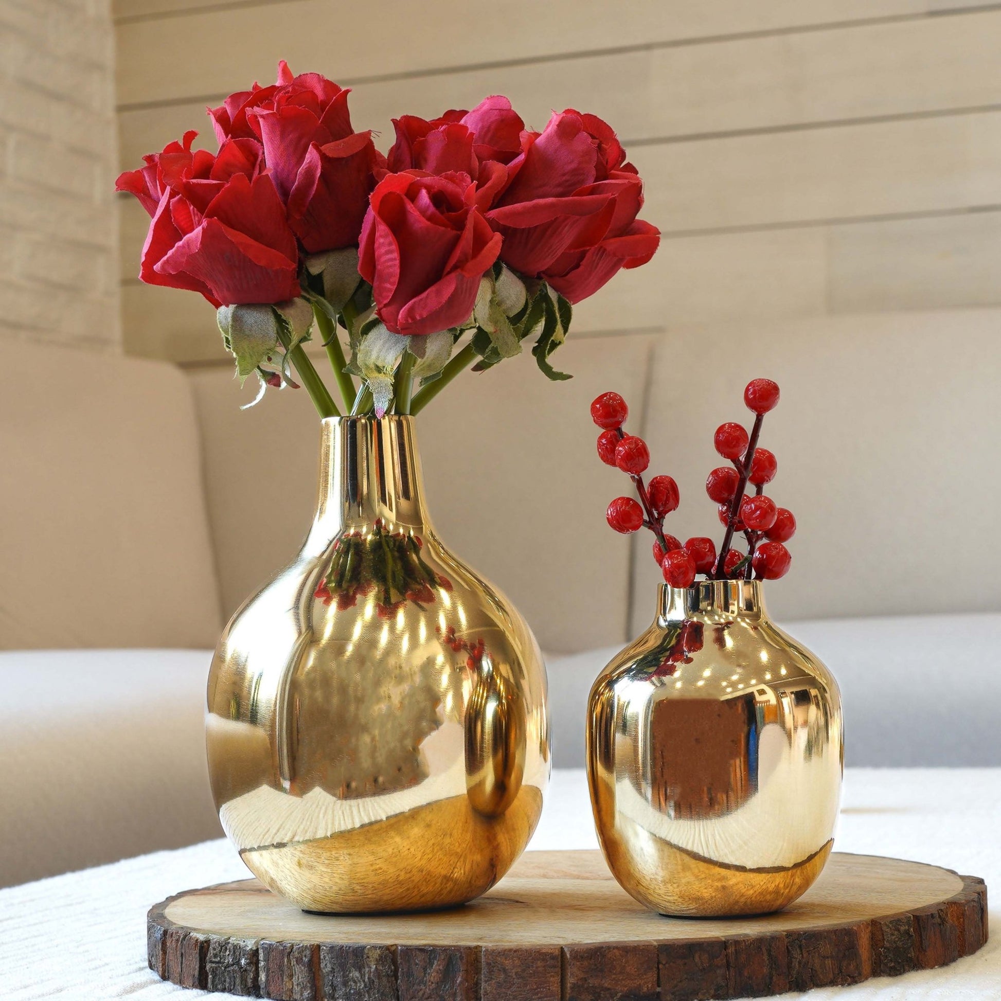 Golden Metal Bud Flower Vase, Set - 7'' & 4.5'' - Behoma