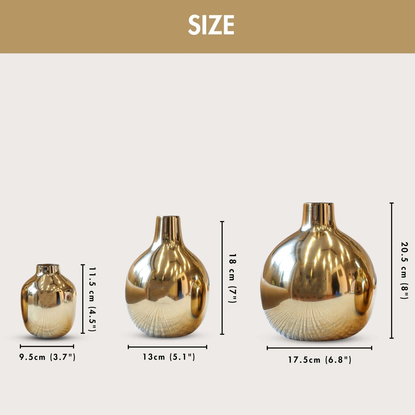 Golden Metal Bud Flower Vase, Set - 8'', 7'' & 4.5'' - Behoma