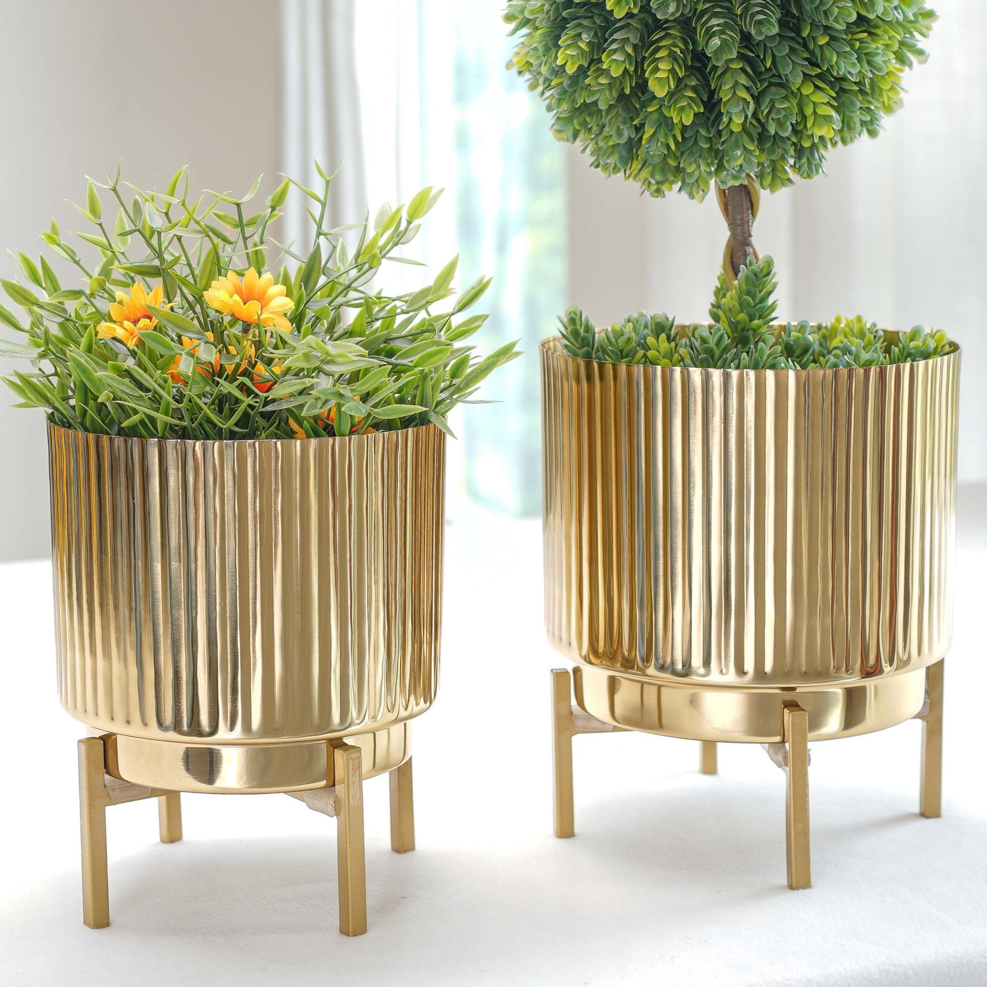 Golden Metal Fluted Planter - Set of 2 - Behoma