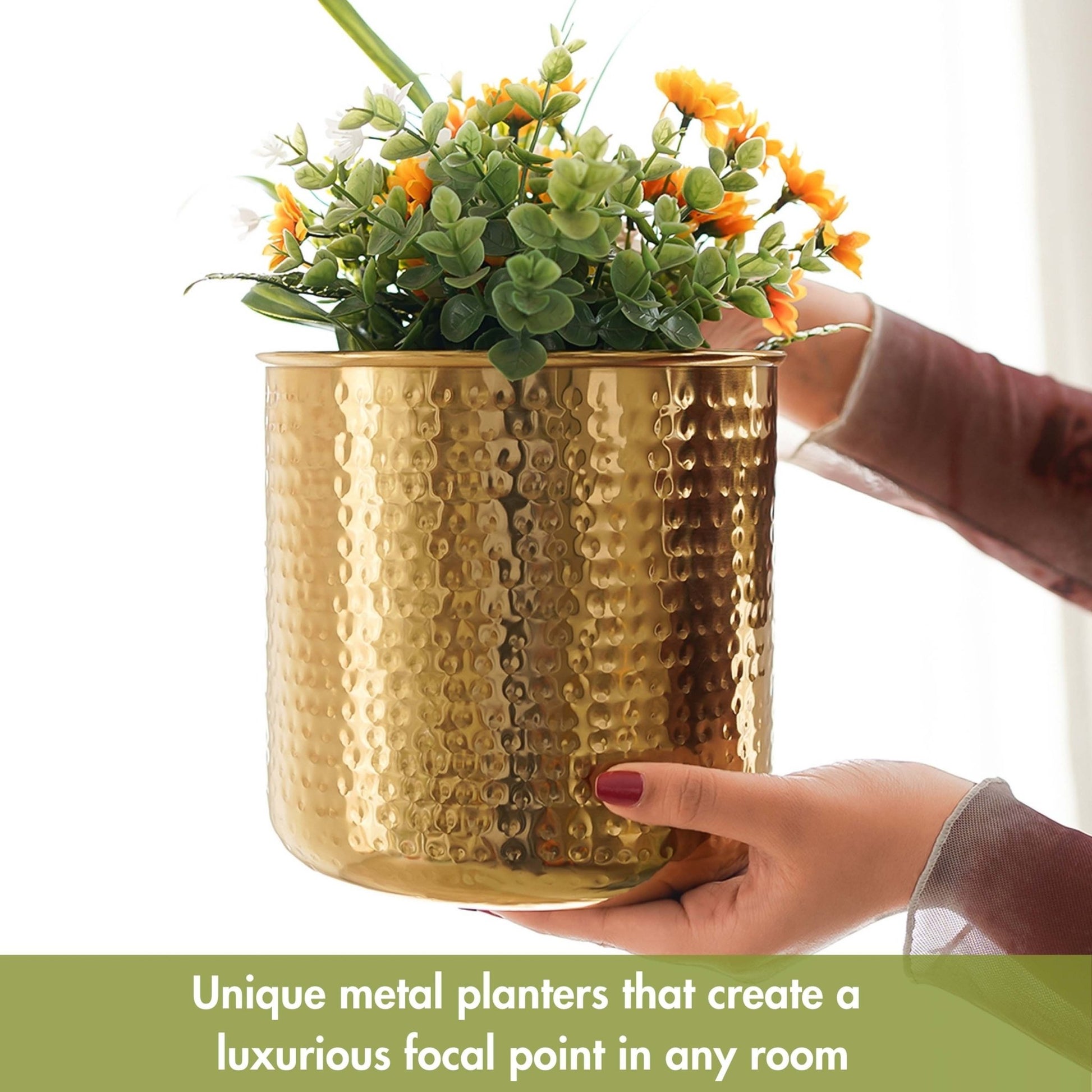 Golden Radiance Metal Hammered Planter Set, 11" & 9.8" - Behoma