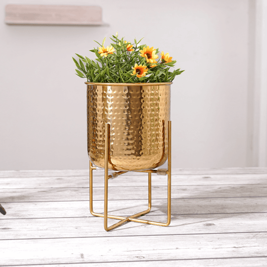 Hammered Metal Indoor Planter, 9.8 Inch, Gold - Behoma