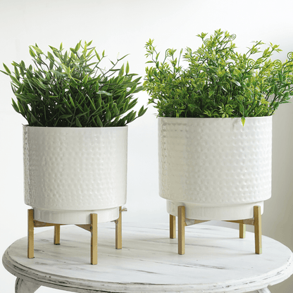 Hammered Metal Indoor Planter, White, Set, 8.3'' & 7.7'' - Behoma