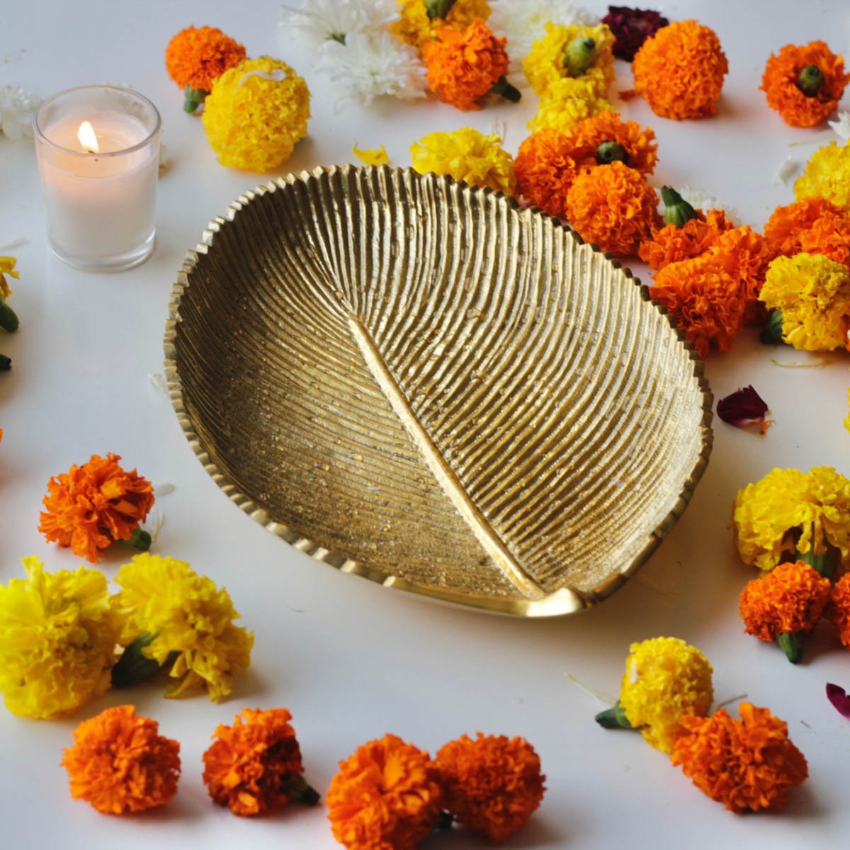 Leaf - shaped Platter, Golden - Large - Behoma, Holi platter, holi tray, trays for holi