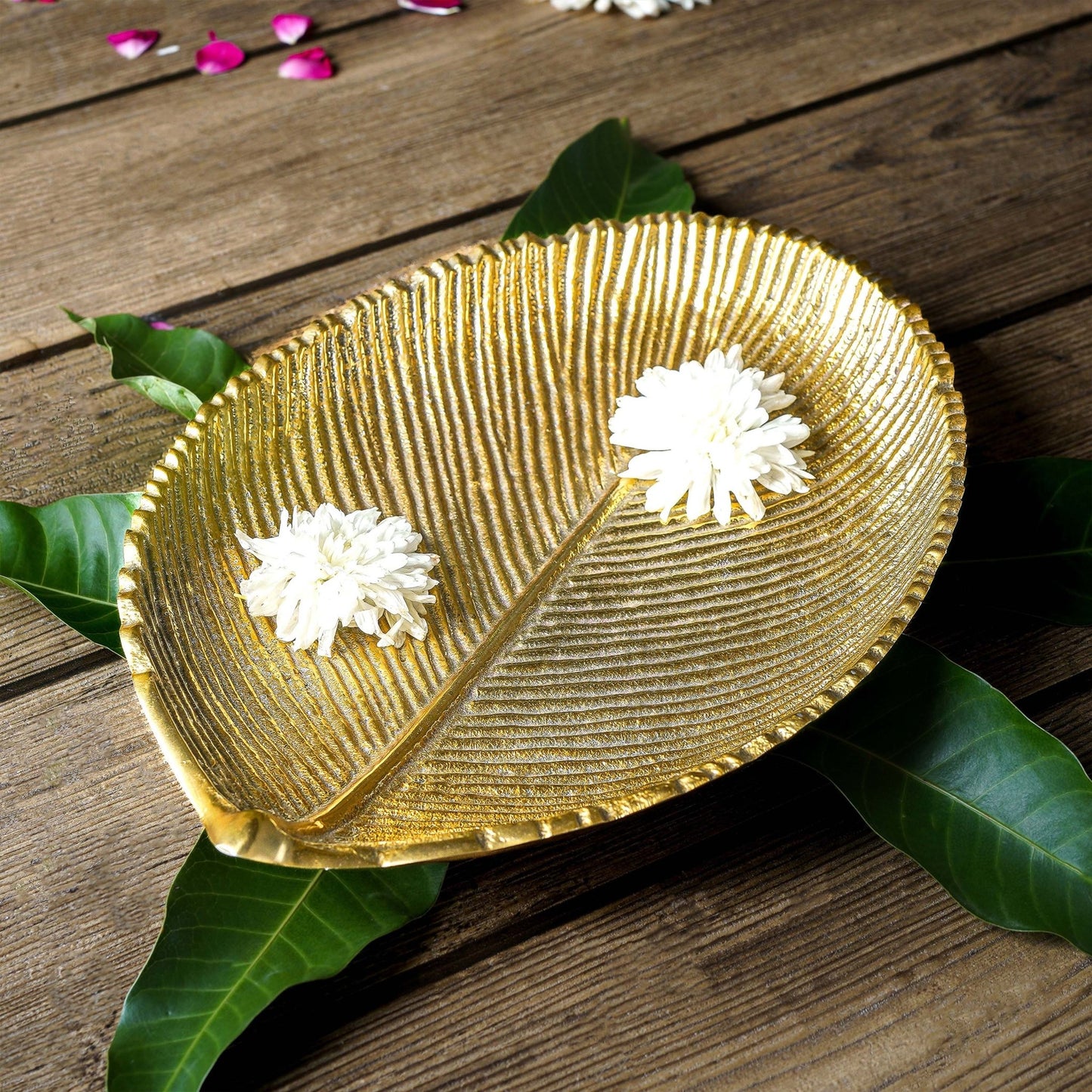 Leaf - shaped Platter, Golden - Large - Behoma, Holi platter, holi tray, trays for holi