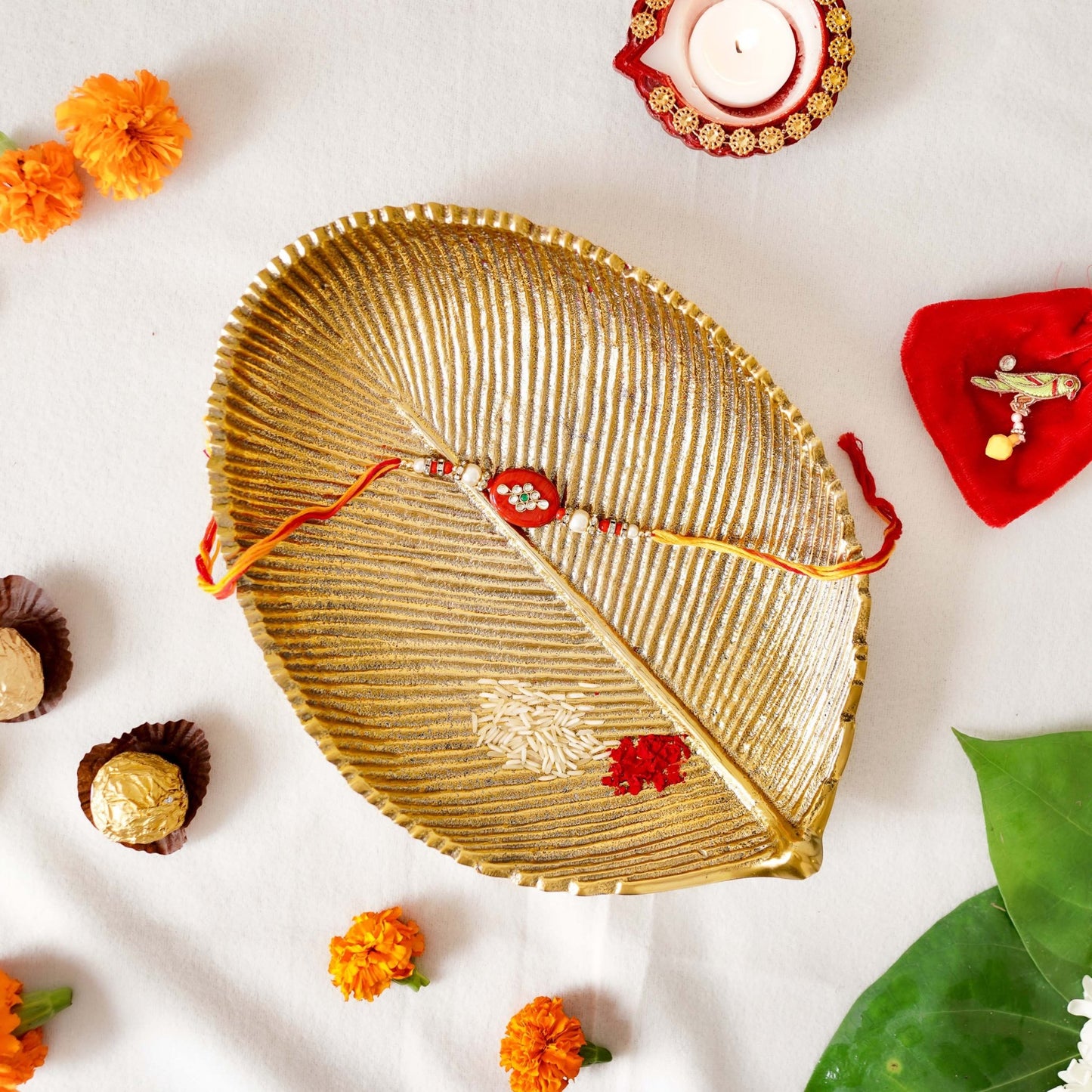 Leaf - shaped Platter, Golden - Large - Behoma, Holi platter, holi tray, trays for holi