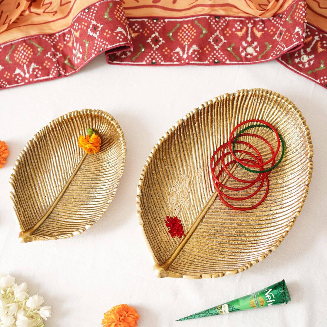 Leaf - shaped Platter, Golden - Set - Behoma, Holi platter, holi tray, trays for holi