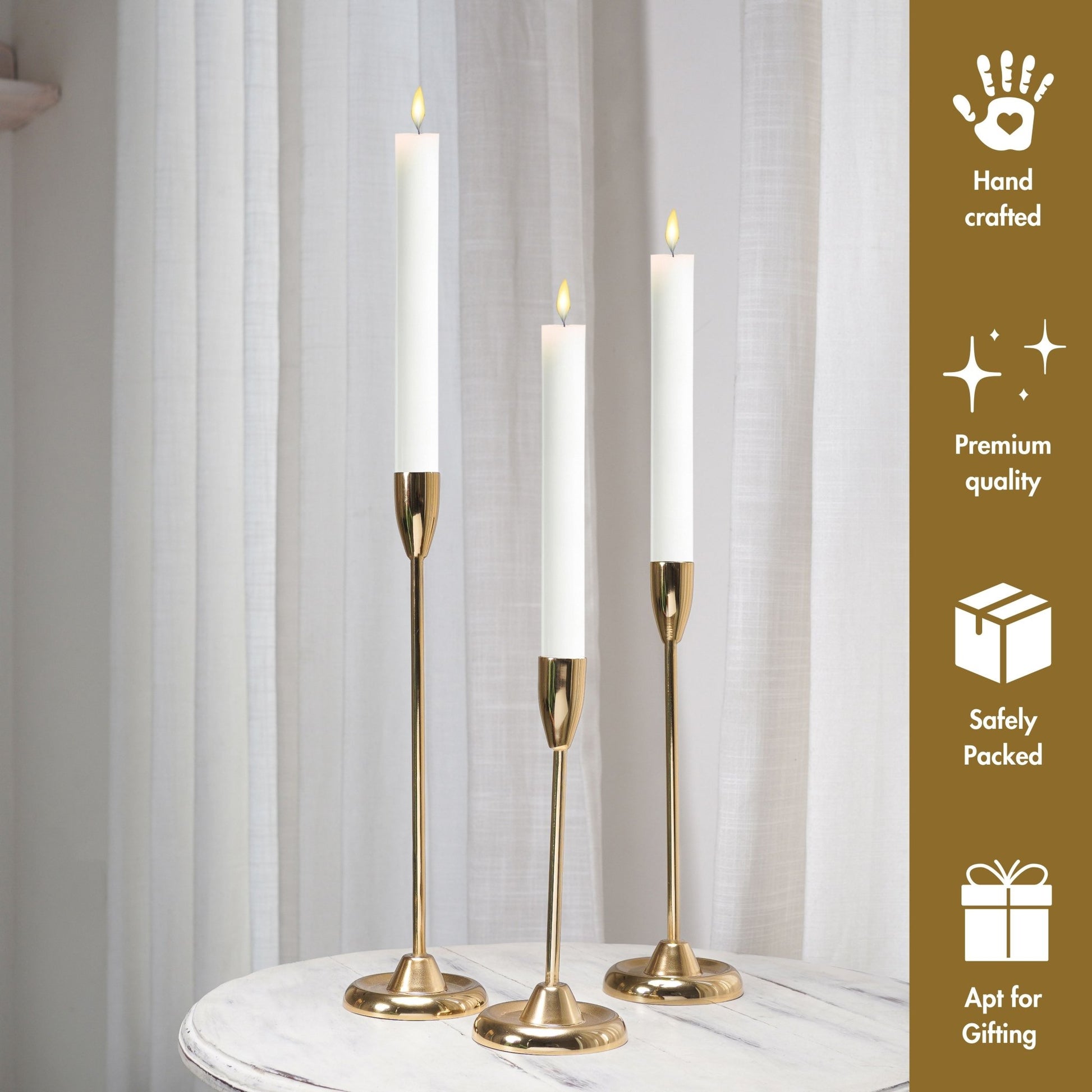 Luxury Golden Metal Taper Candle Holder Set of 3 - Behoma