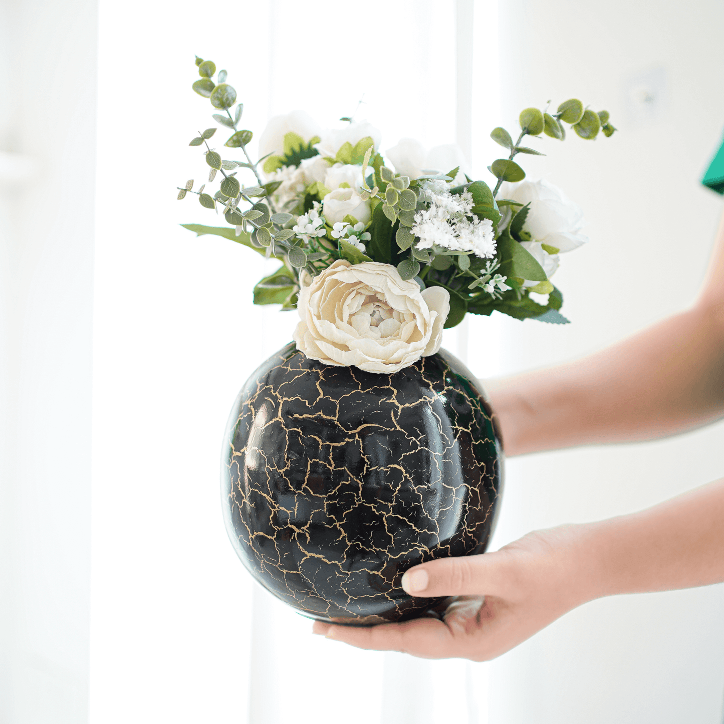 Metal Ball Crackled Flower Vase, Black - 6.6'' - Behoma