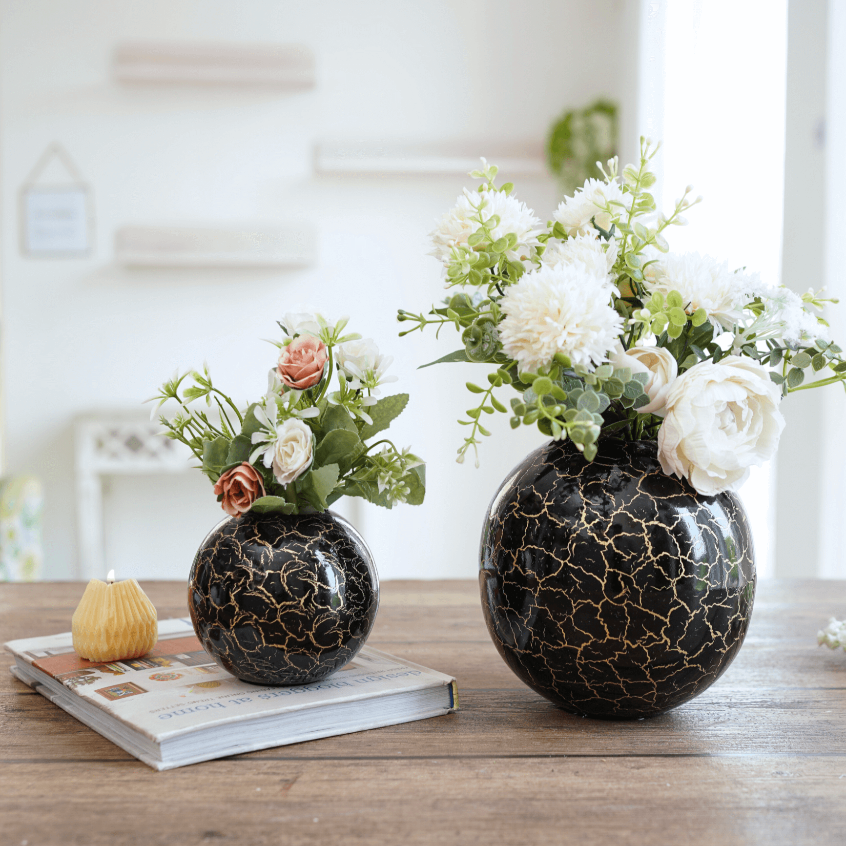 Metal Ball Crackled Flower Vase, Black - Set - 6.6'' & 4.1'' - Behoma