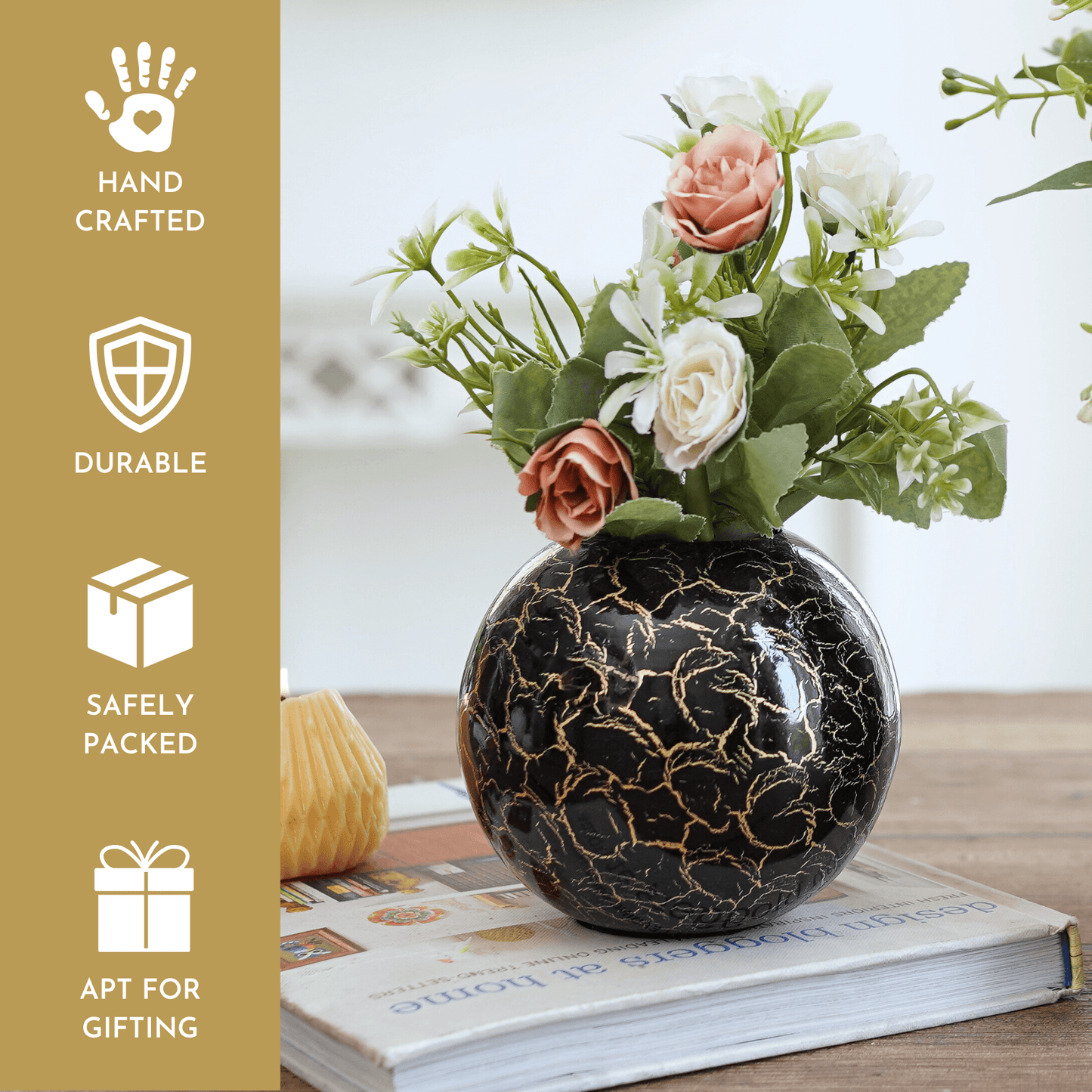 Metal Ball Crackled Flower Vase, Black - Set - 6.6'' & 4.1'' - Behoma