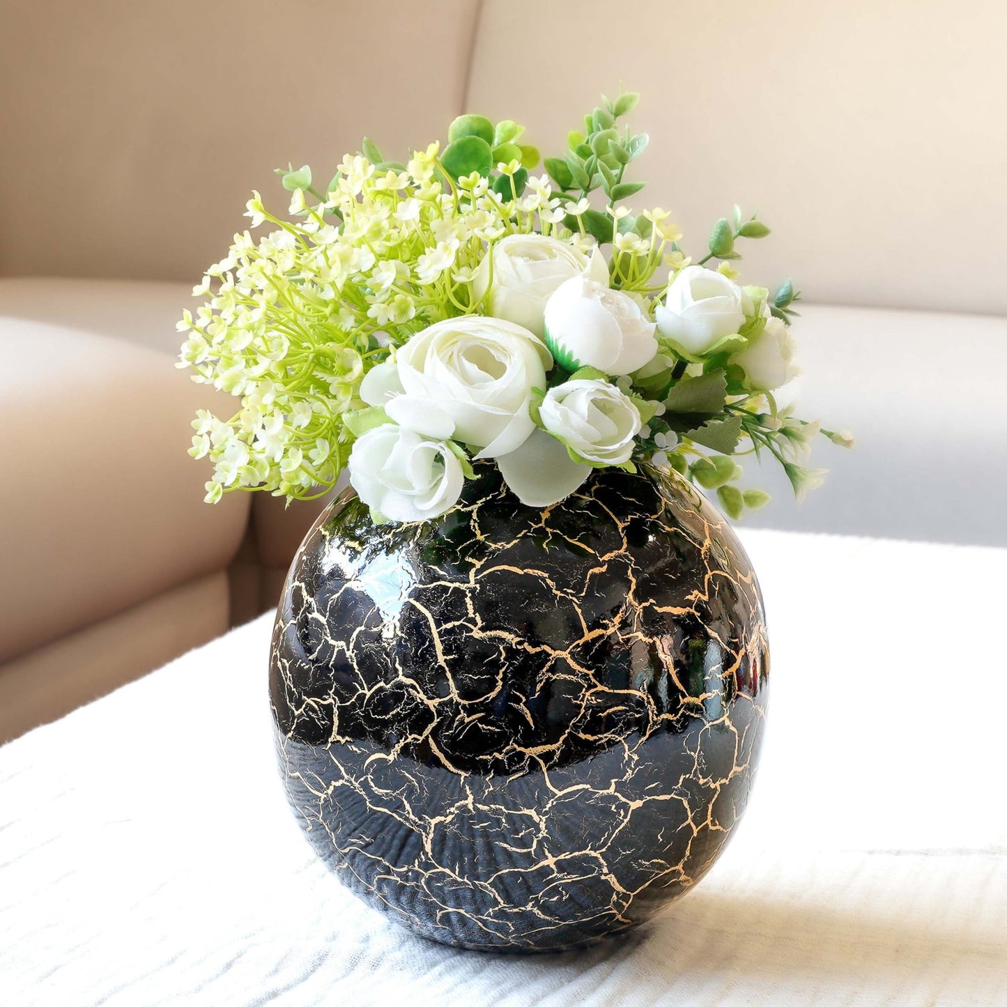 Metal Ball Crackled Flower Vase, Black - Set - 6.6'' & 4.1'' - Behoma