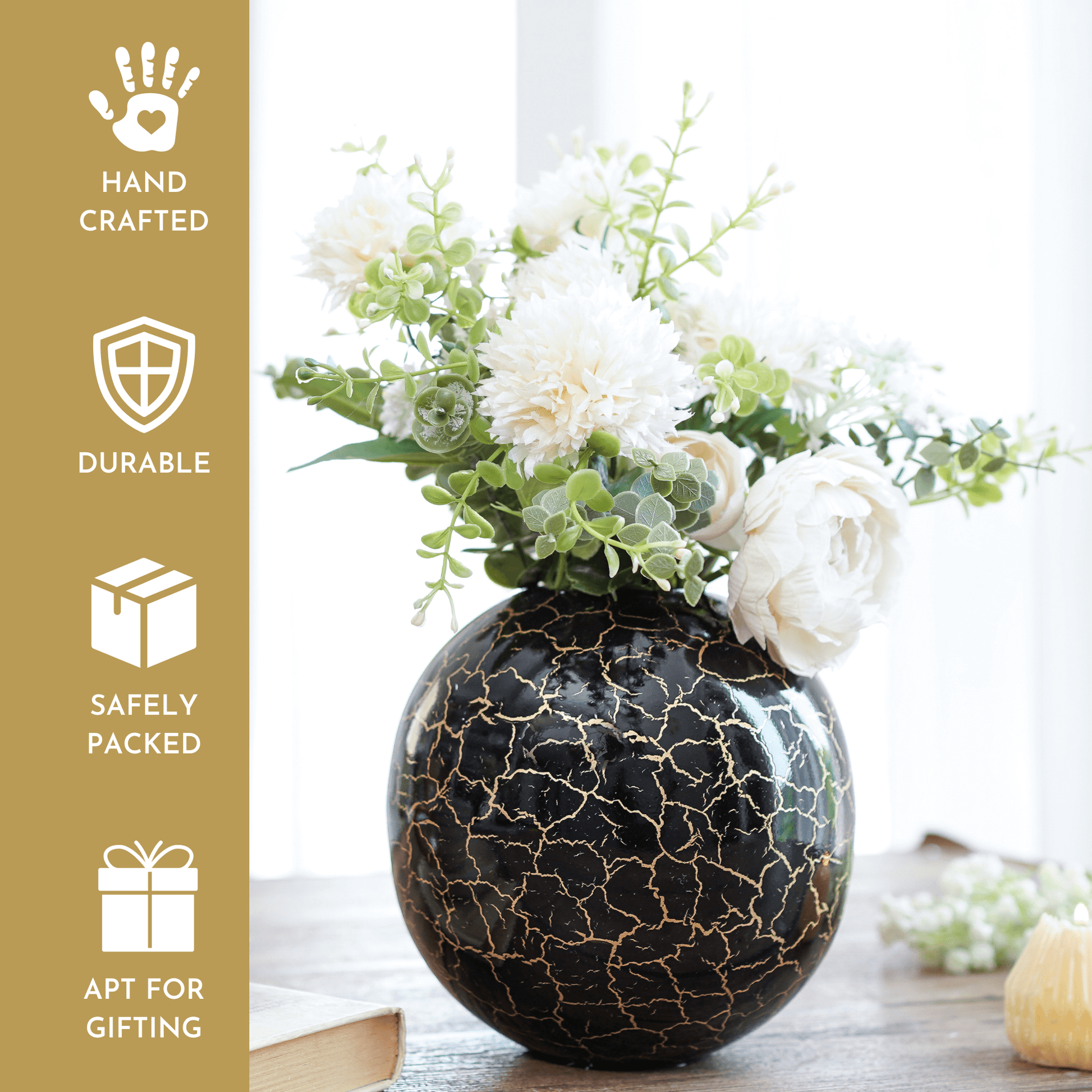 Metal Ball Crackled Flower Vase, Black - Set - 6.6'' & 4.1'' - Behoma