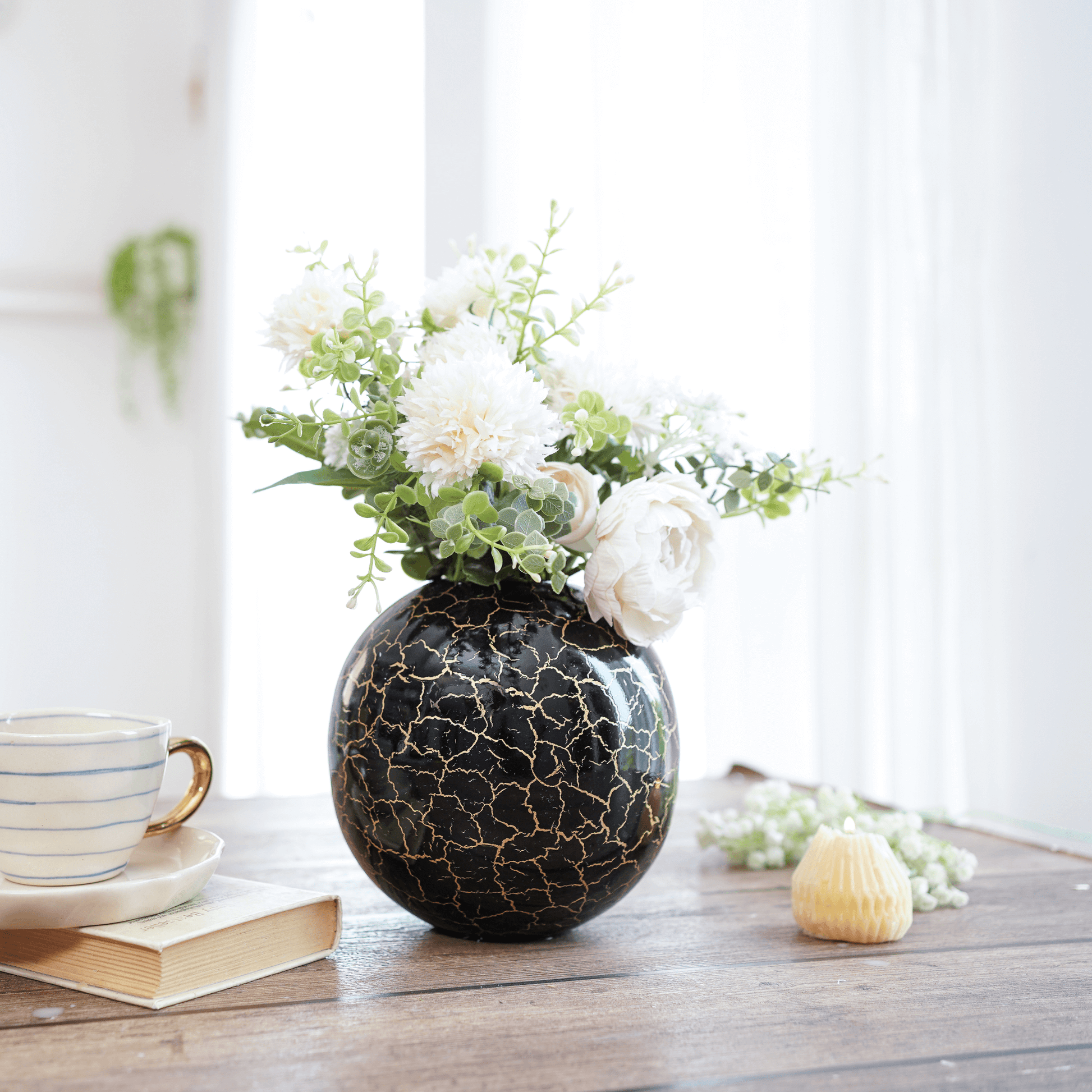 Metal Ball Crackled Flower Vase, Black - Set - 6.6'' & 4.1'' - Behoma