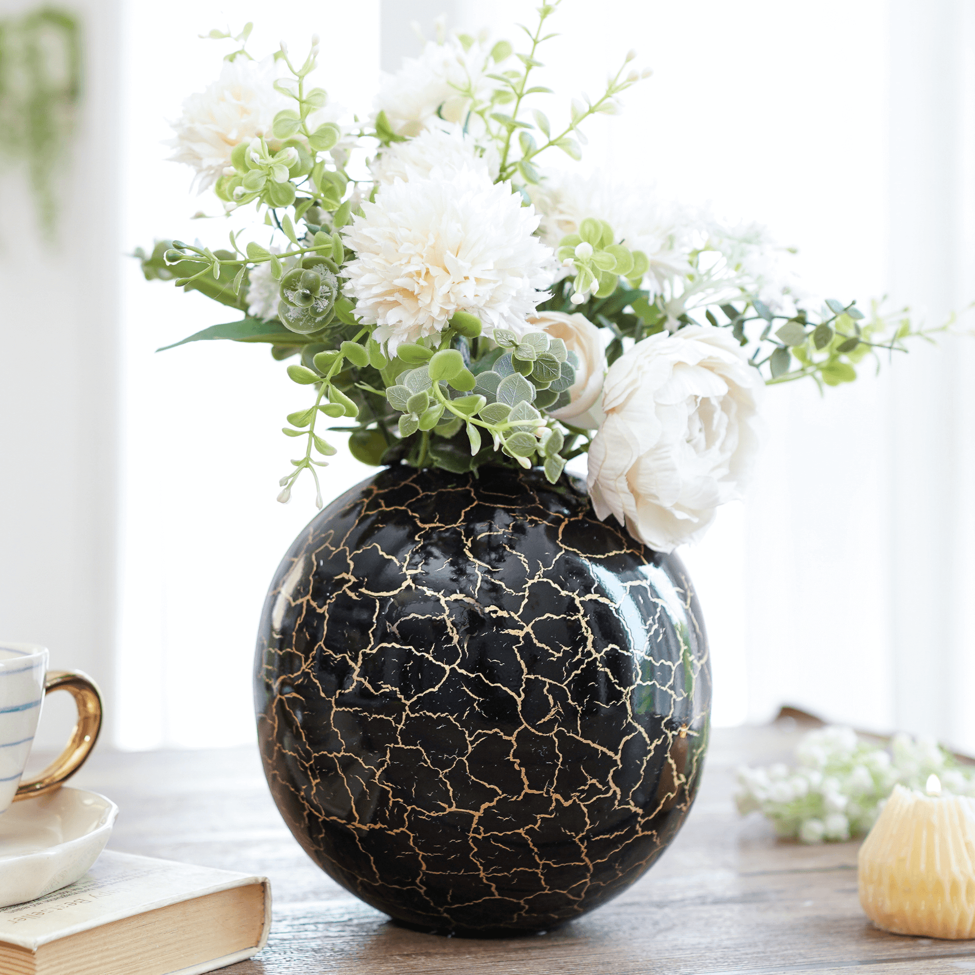 Metal Ball Crackled Flower Vase, Black - Set - 6.6'' & 4.1'' - Behoma