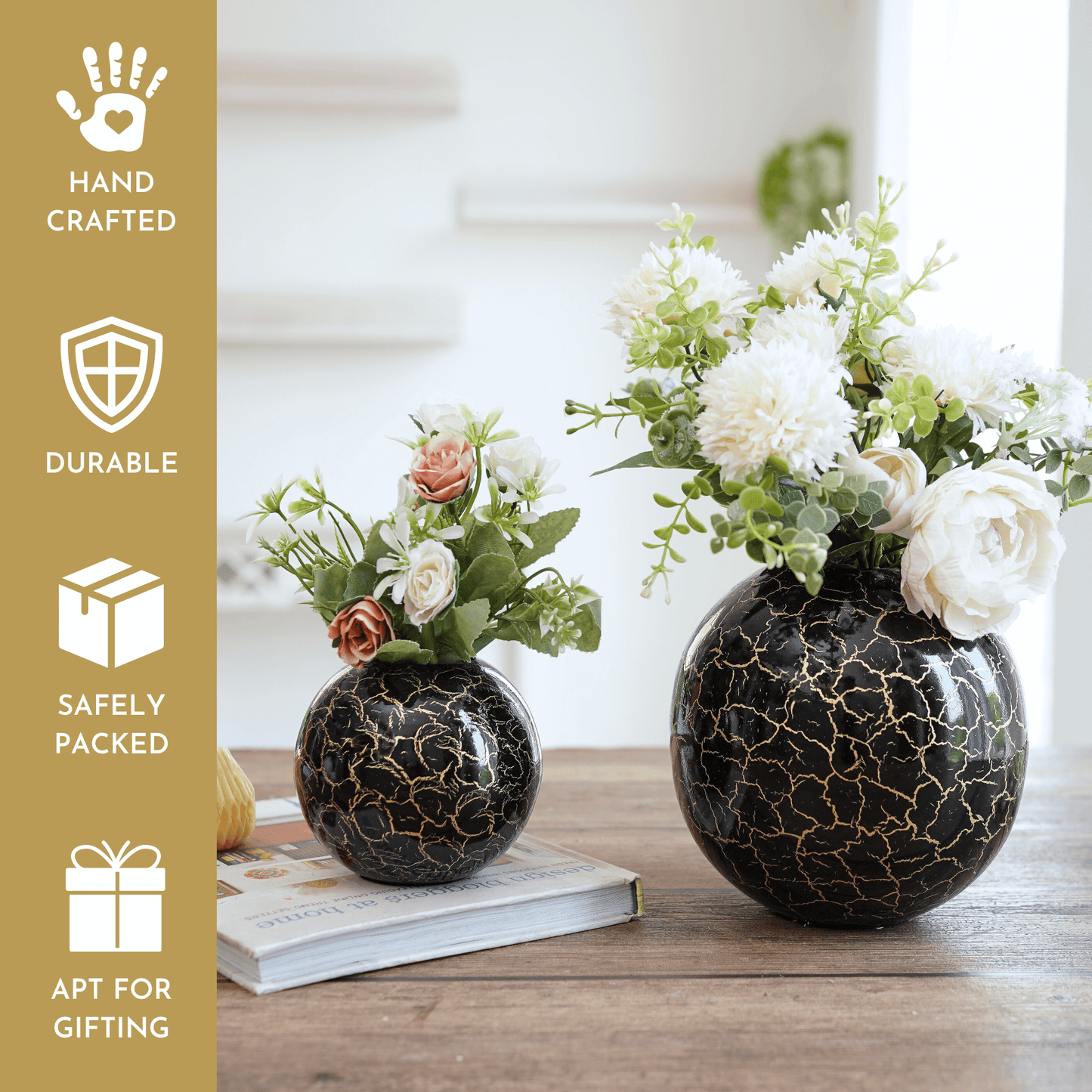 Metal Ball Crackled Flower Vase, Black - Set - 6.6'' & 4.1'' - Behoma