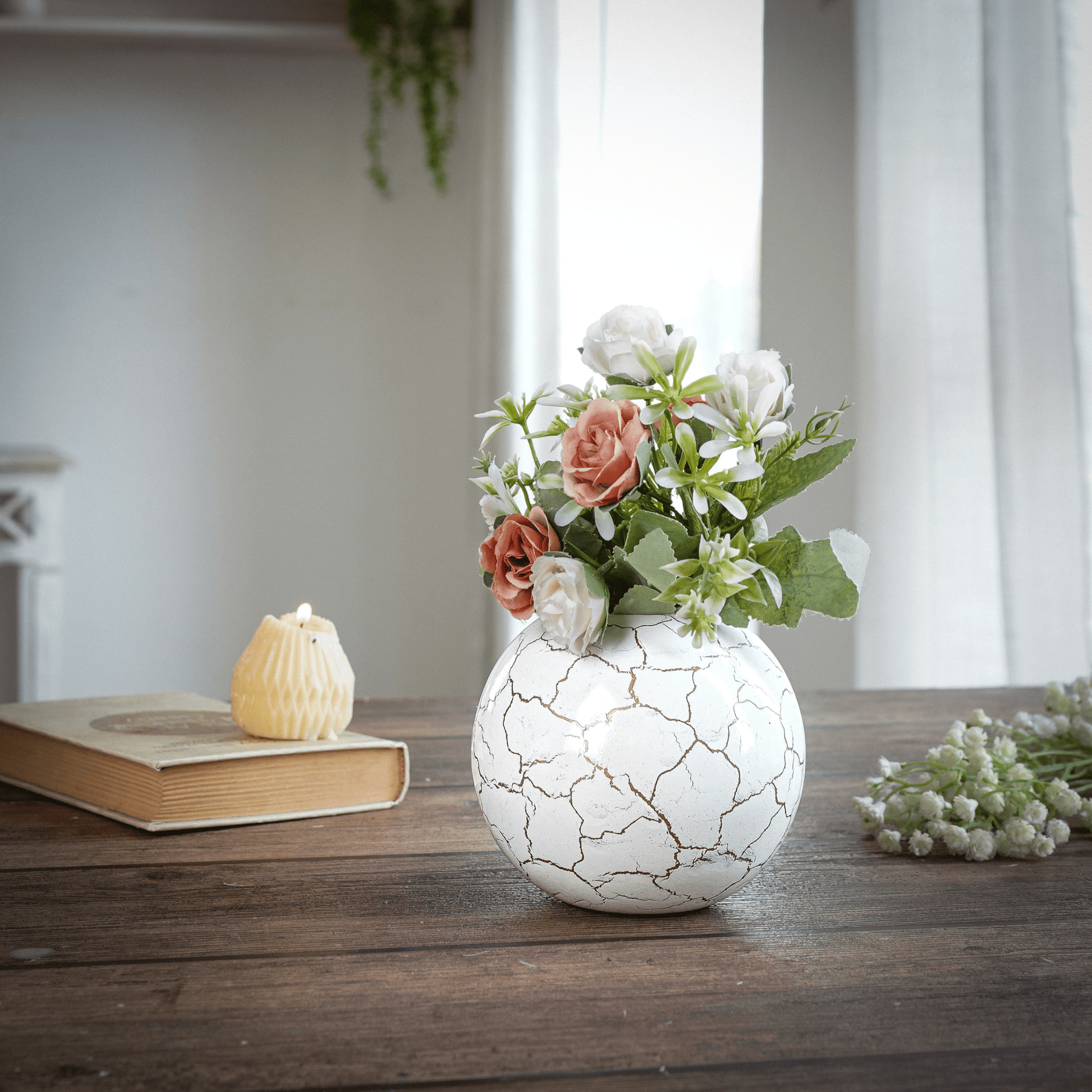 Metal Ball Crackled Flower Vase, White - Large, 6.6'' - Behoma