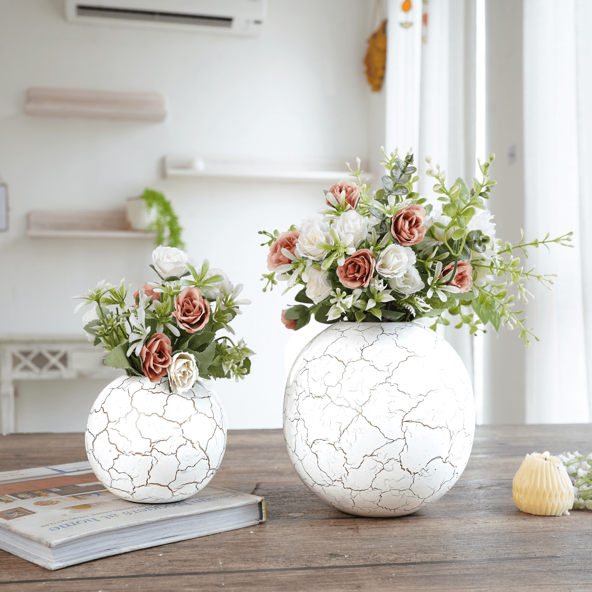 Metal Ball Crackled Flower Vase, White - Large, 6.6'' - Behoma