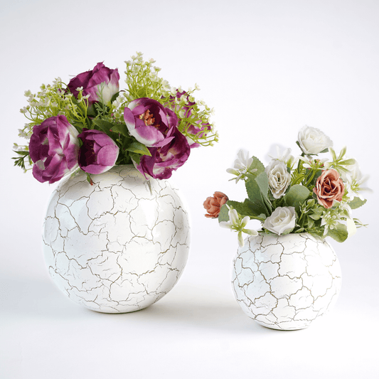 Metal Ball Crackled Flower Vase, White - Set - 6.6'' & 4.1'' - Behoma