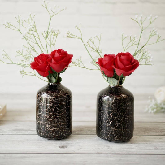 Metal Bottle Flower Vase, Black Crackled, Set of 2 - 6.2'' - Behoma