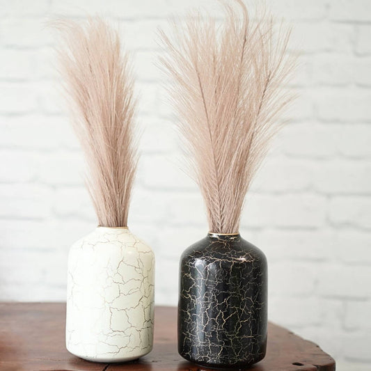 Metal Bottle Flower Vase, Off - white & Black crackled, Set of 2 - 6.2'' - Behoma