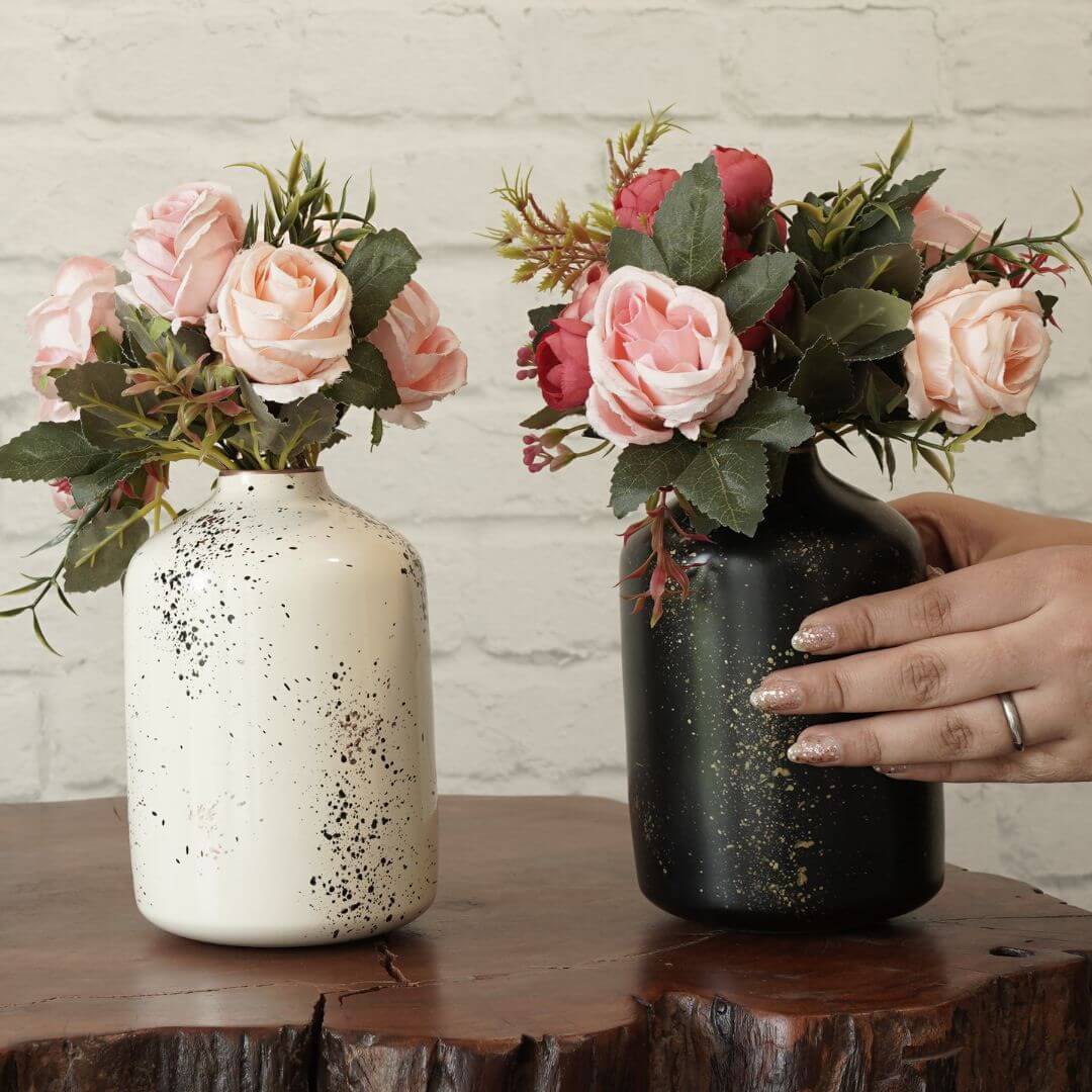 Metal Bottle Flower Vase, Off - white & Black spotted, Set of 2 - 6.2'' - Behoma