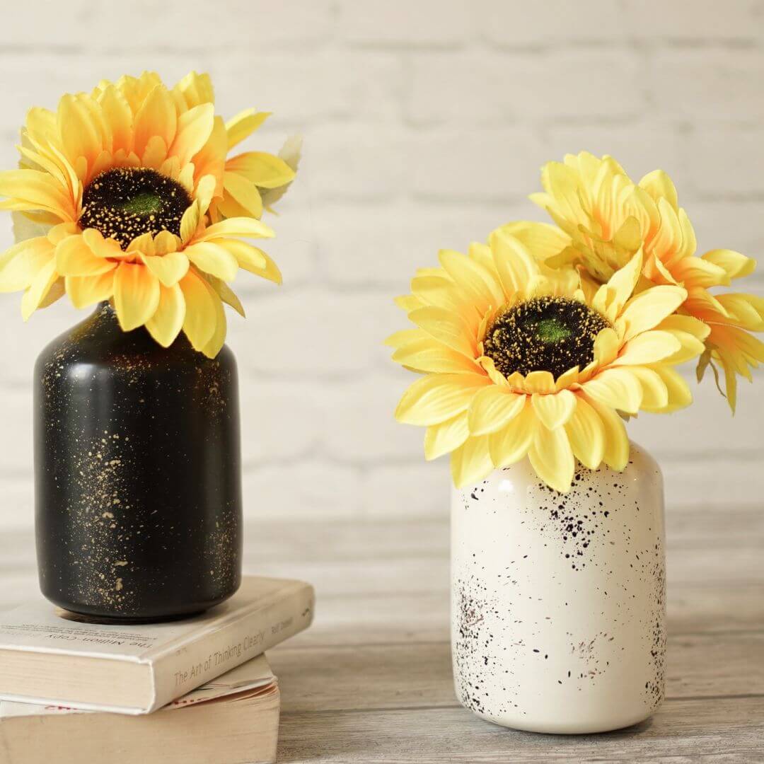 Metal Bottle Flower Vase, Off - white & Black spotted, Set of 2 - 6.2'' - Behoma