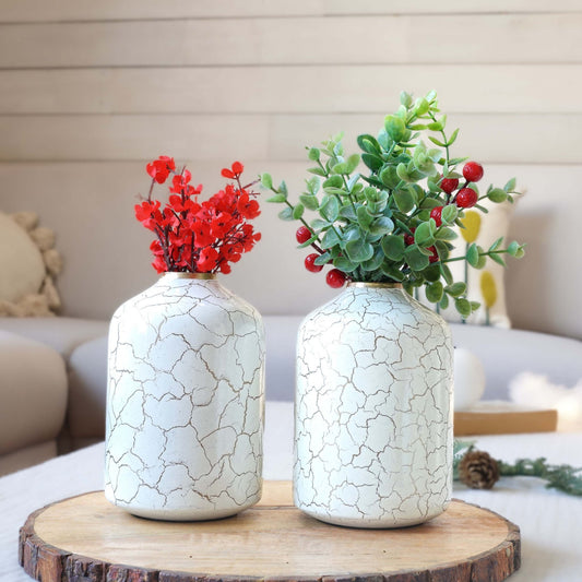 Metal Bottle Flower Vase, Off - white Crackled, Set of 2 - 6.2'' - Behoma