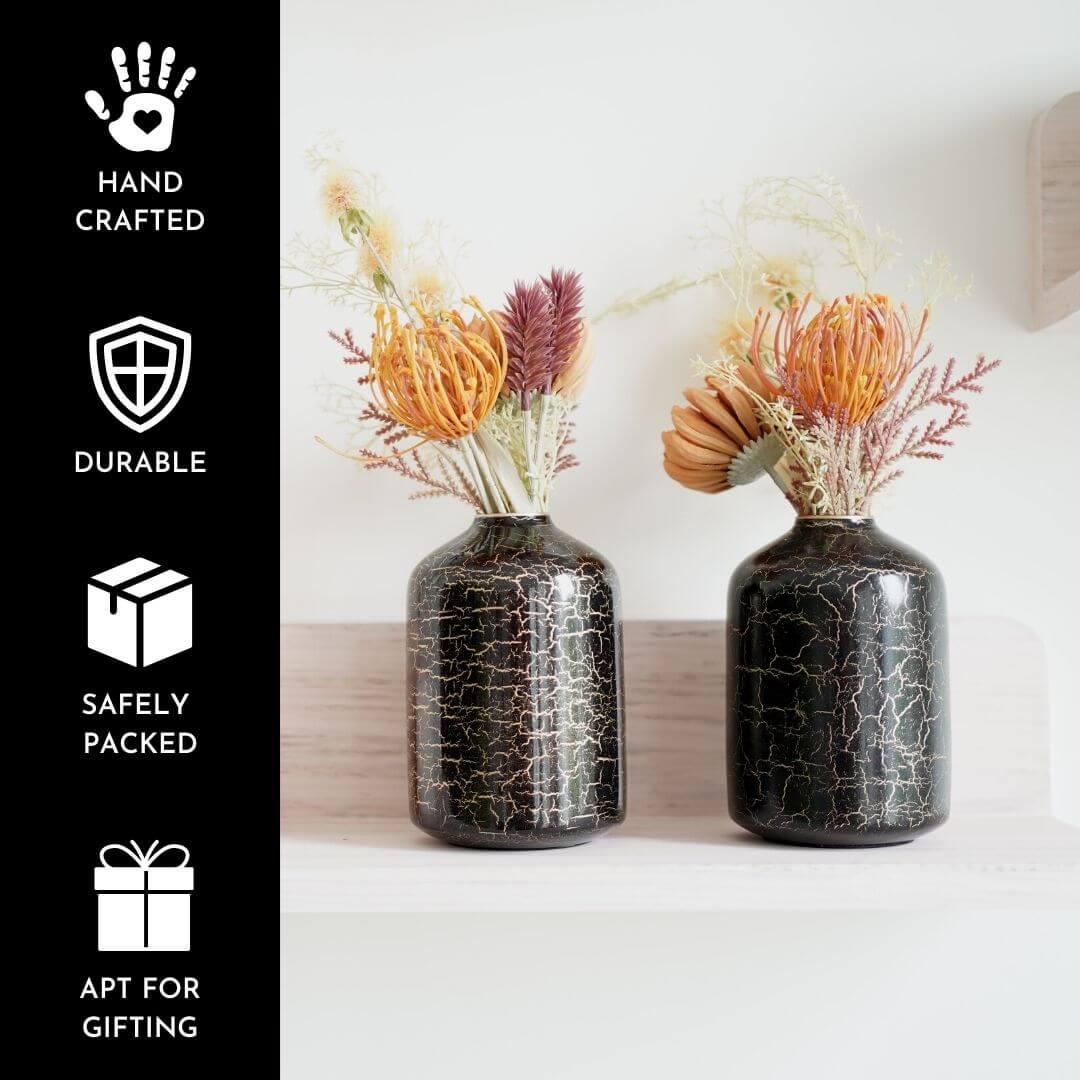 Metal Bottle Flower Vase, Off - white Crackled, Set of 2 - 6.2'' - Behoma