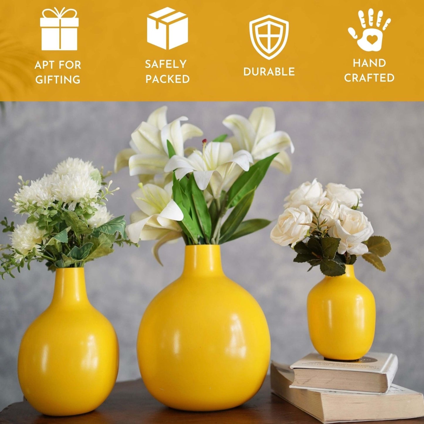 Metal Bud flower Vase Yellow set - 6.9'' & 4.7'' - Behoma