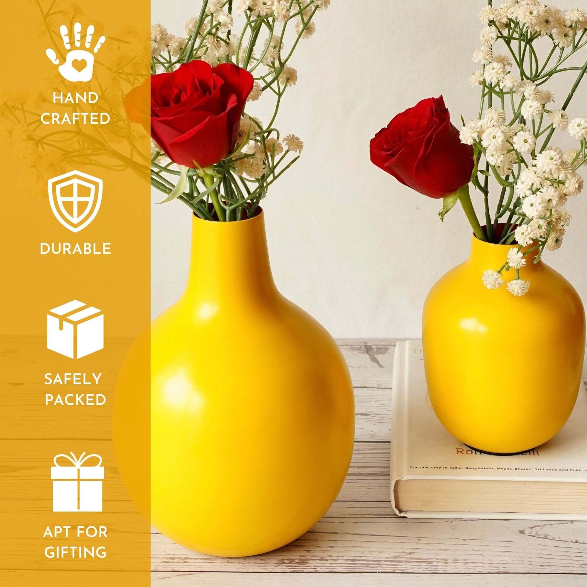 Metal Bud flower Vase Yellow set - 6.9'' & 4.7'' - Behoma