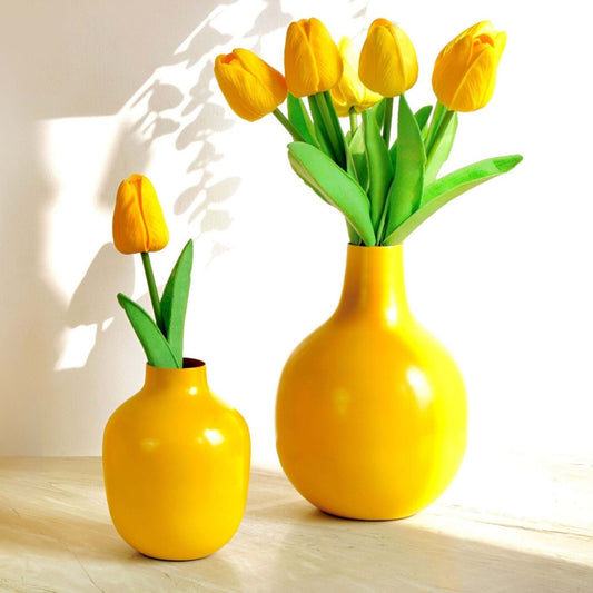 Metal Bud flower Vase Yellow set - 6.9'' & 4.7'' - Behoma