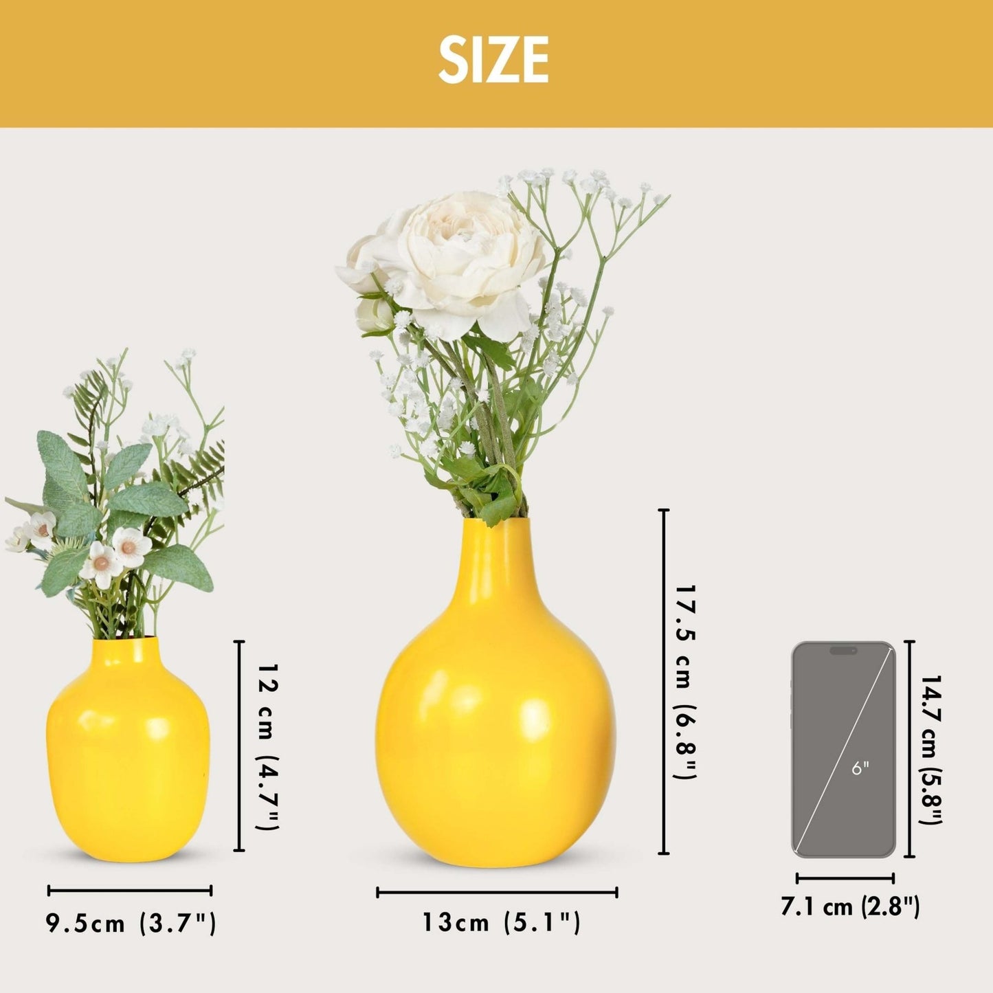 Metal Bud flower Vase Yellow set - 6.9'' & 4.7'' - Behoma