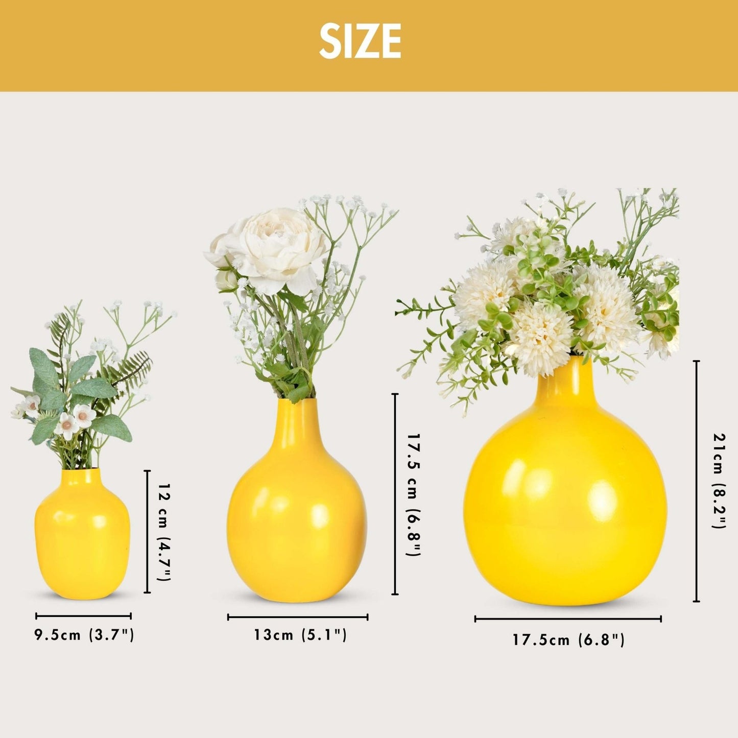 Metal Bud flower Vase Yellow set - 6.9'' & 4.7'' - Behoma