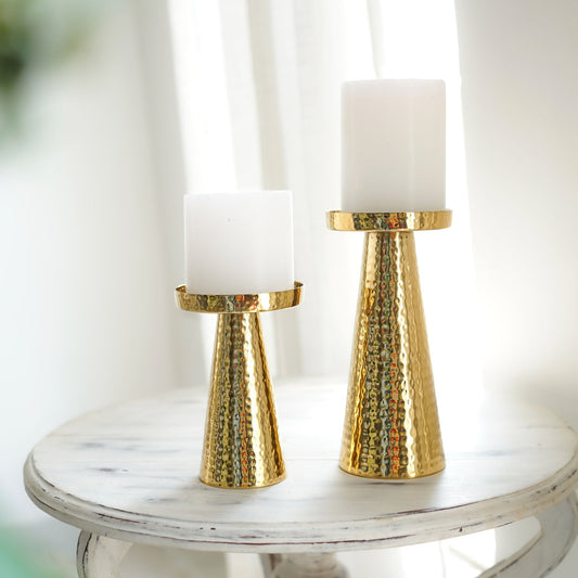 Metal Hammered Candle Holder Set of 2 - Gold - Behoma