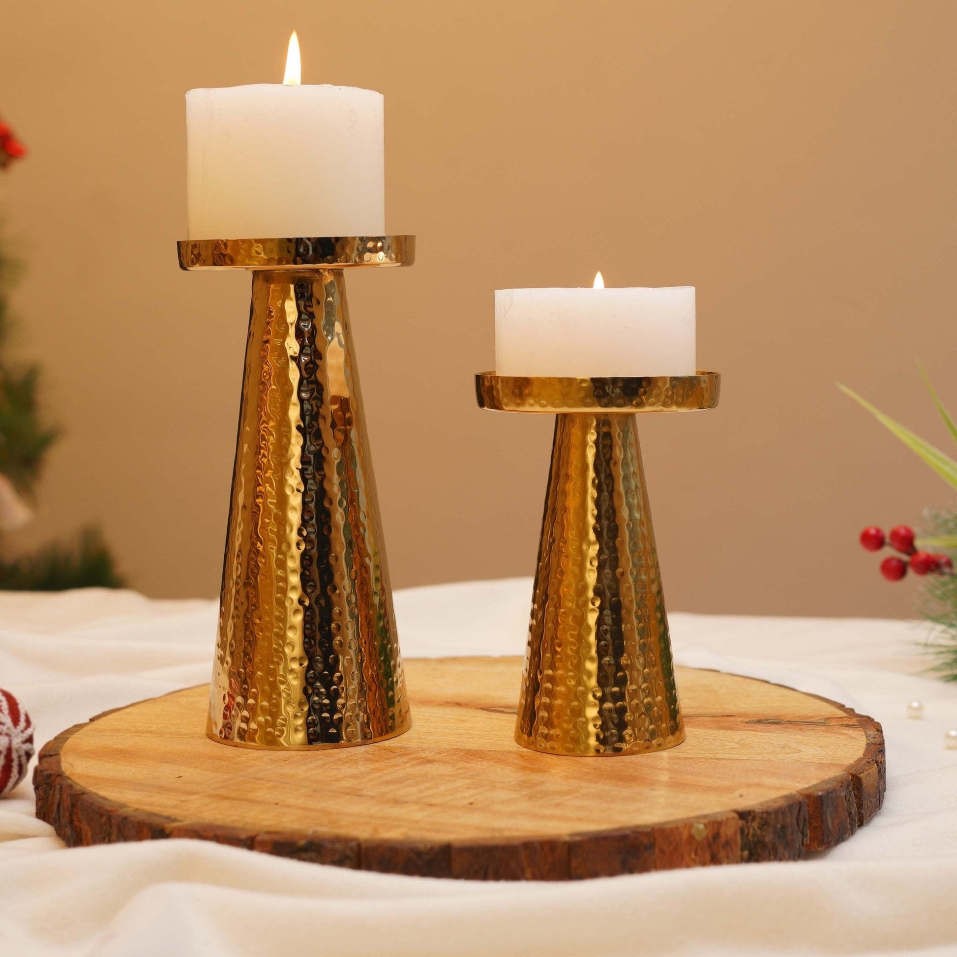 Metal Hammered Candle Holder Set of 2 - Gold - Behoma