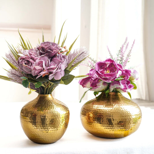 Metal Hammered Flower Vase, Gold - Set of 2 - 5.3'' - Behoma