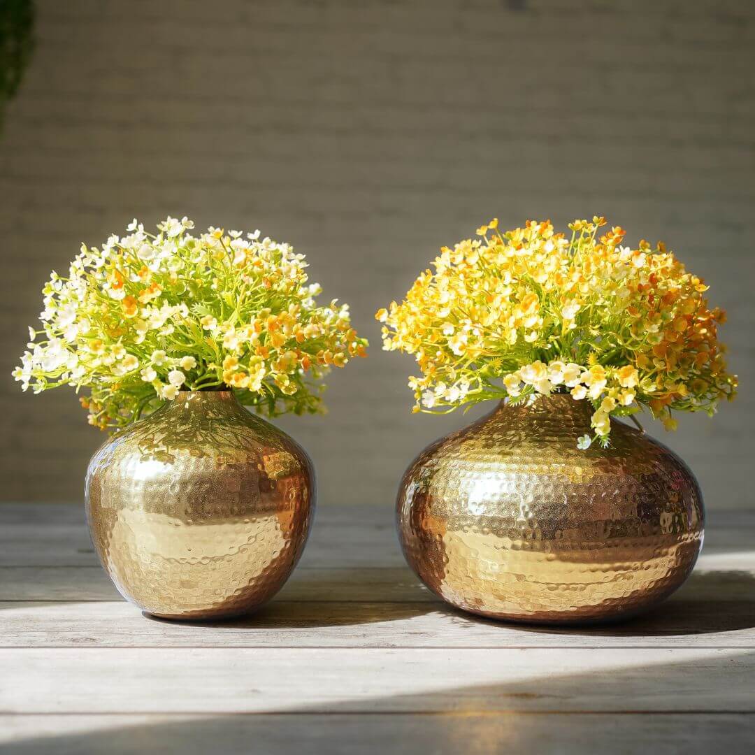 Metal Hammered Flower Vase Set of 2 | Gold - Behoma