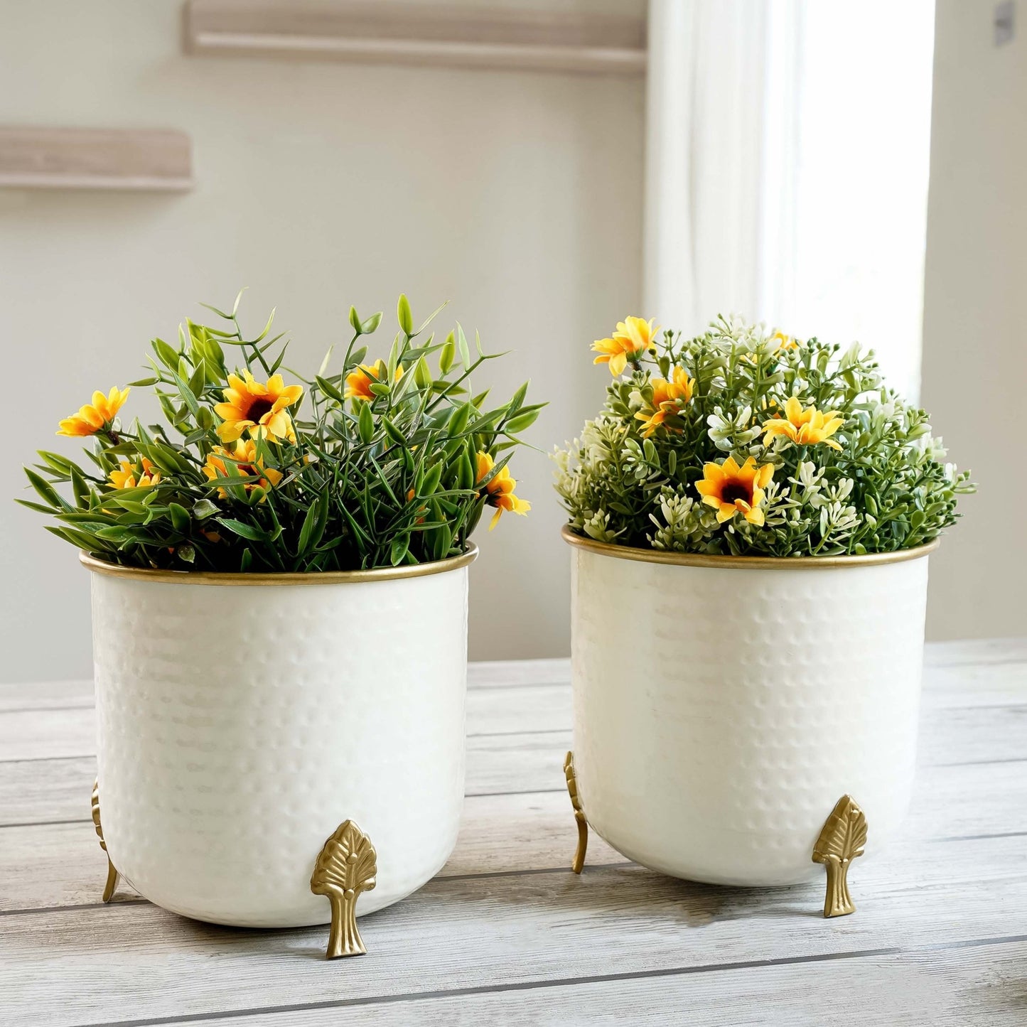 Metal Hammered Gold Rim Leaf leg Planter, White, Set of 2 - 6.2'' - Behoma