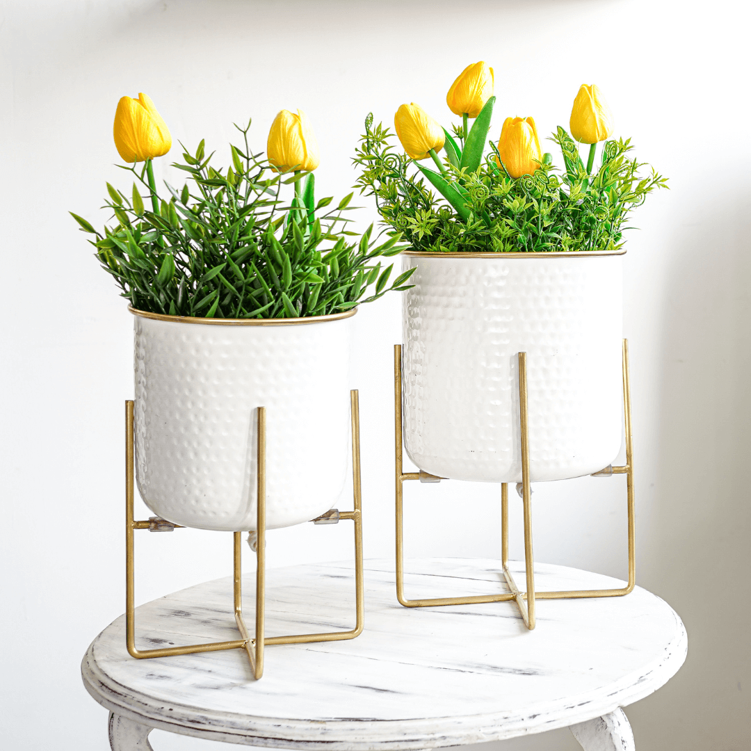 Metal Hammered Planter, Off - white, Set, 11.6'' & 9.8'' - Behoma